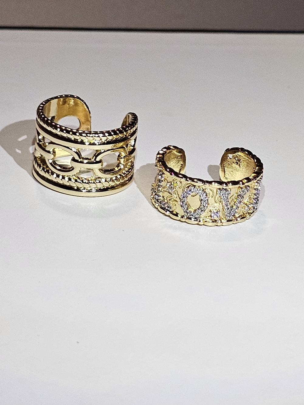 Two Classic Style Gold-plated Adjustable Rings Wide Band & Love CZ